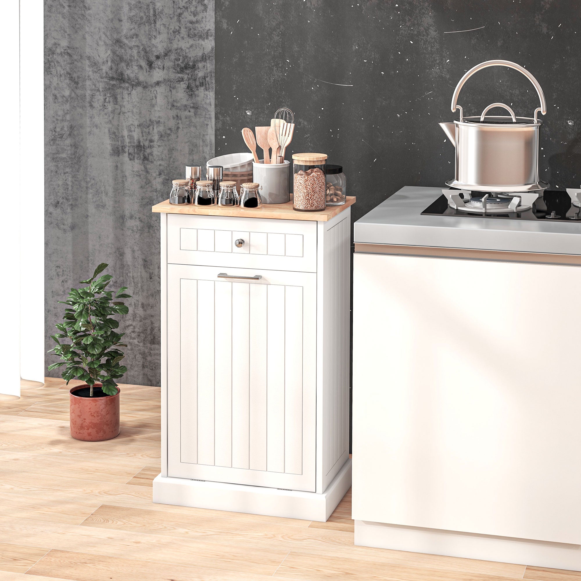 Kitchen Tilt Out Trash Bin Cabinet, Free Standing Recycling Cabinet, Trash Can Holder with Drawer, White Storage Cabinets at Gallery Canada