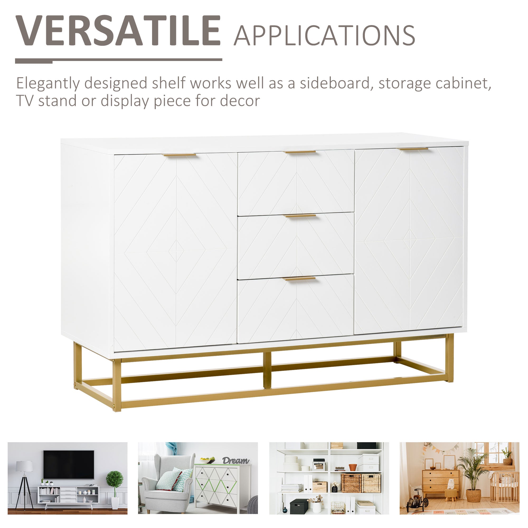 Contemporary 3-Drawer Sideboard Buffet Cabinet with Adjustable Shelves, White Bar Cabinets   at Gallery Canada