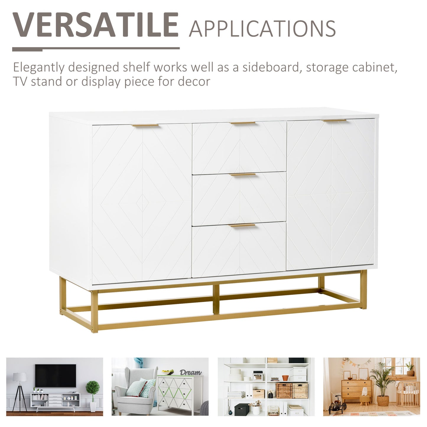 Contemporary 3-Drawer Sideboard Buffet Cabinet with Adjustable Shelves, White Bar Cabinets   at Gallery Canada