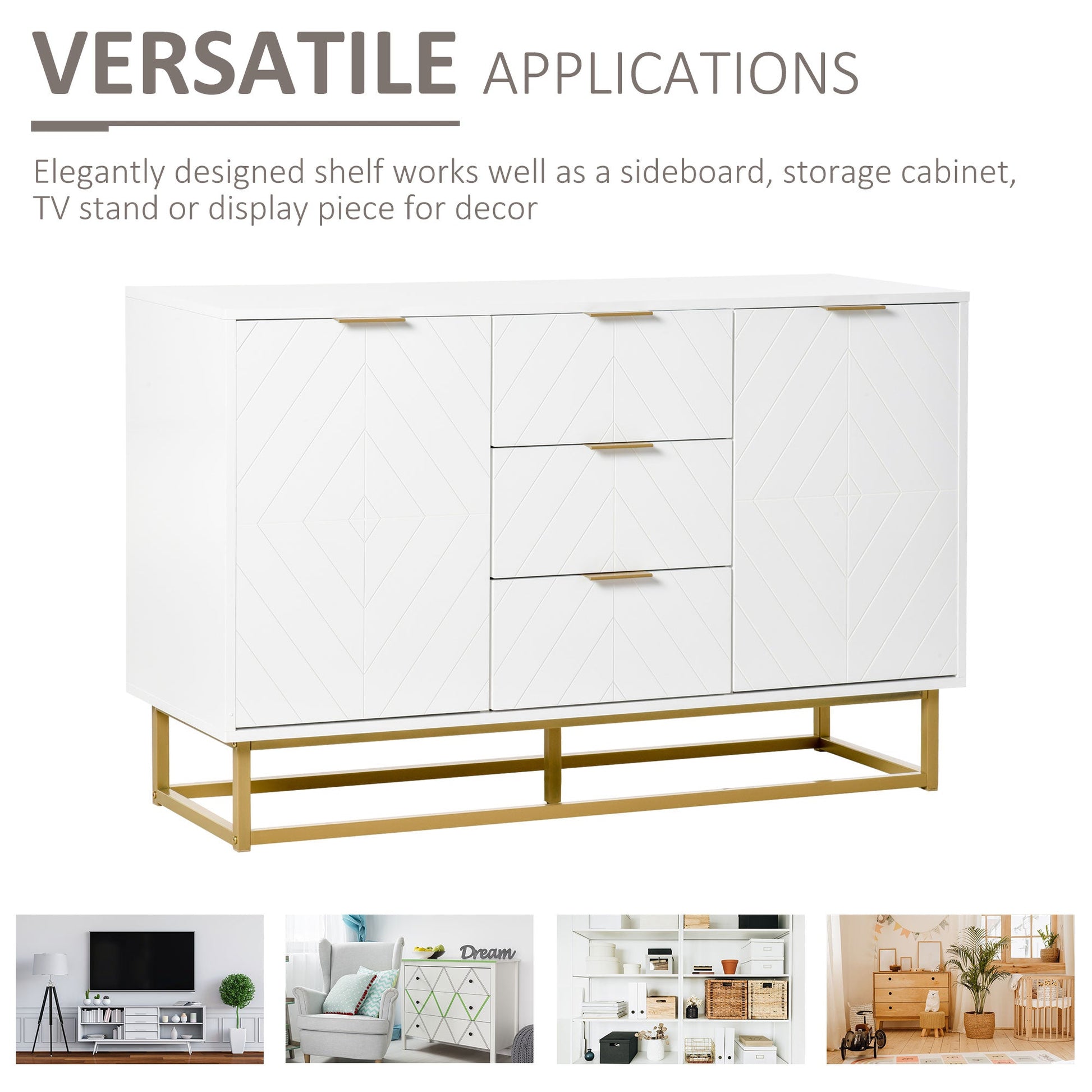 Contemporary 3-Drawer Sideboard Buffet Cabinet with Adjustable Shelves, White Bar Cabinets   at Gallery Canada