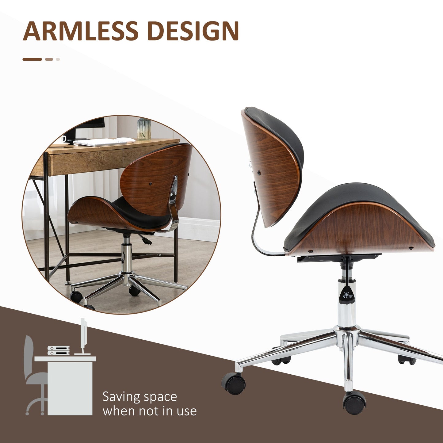 Home Office Chair, Faux Leather and Bentwood Computer Desk Chair with 360 Degree Swivel Wheels, Adjustable Height and Curved Seat, Black Task Chairs   at Gallery Canada