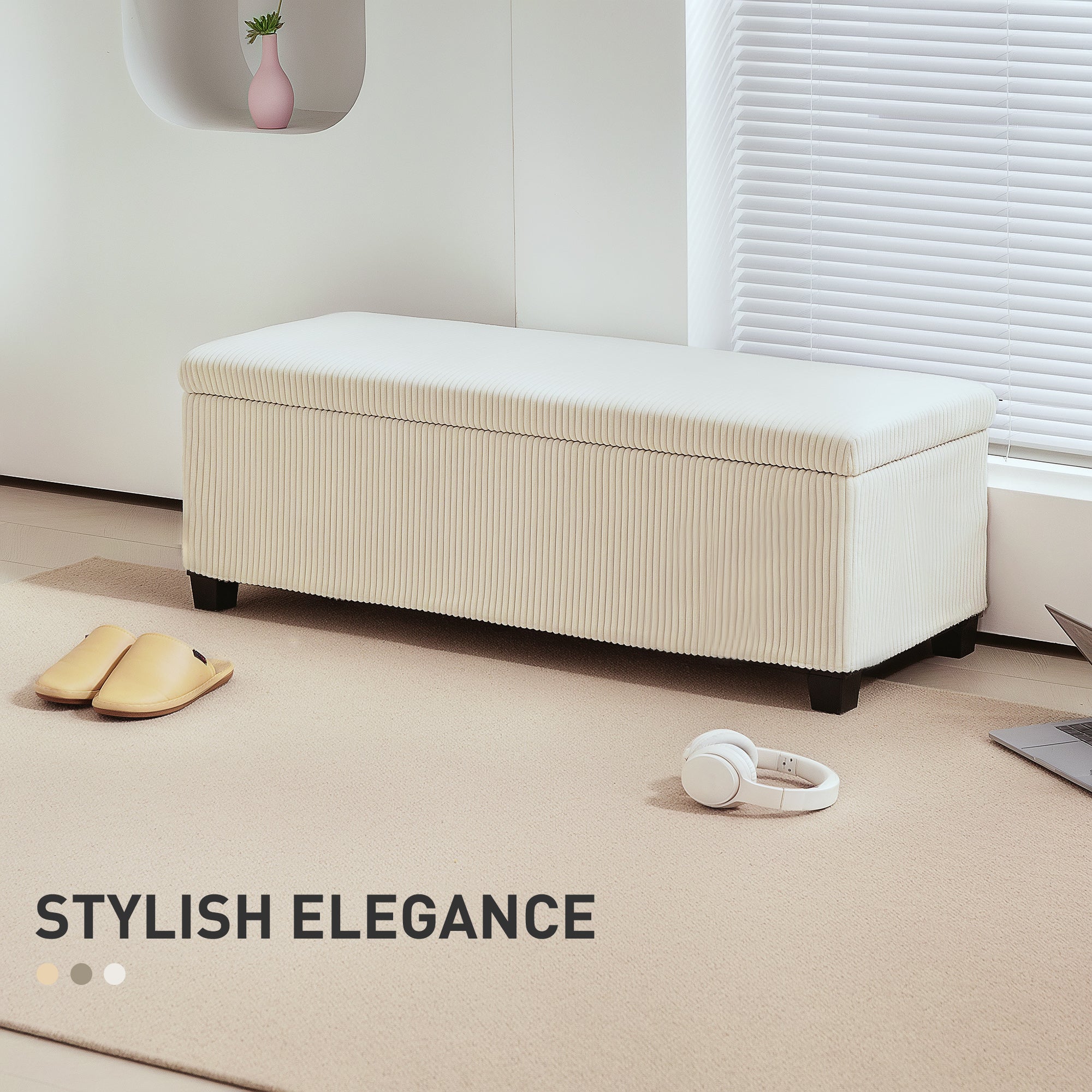 44 Inches Ottoman with Storage, Lid, Legs, Corduroy End of Bed Bench for Living Room, Bedroom, Entryway, Beige Storage Ottomans & Benches at Gallery Canada