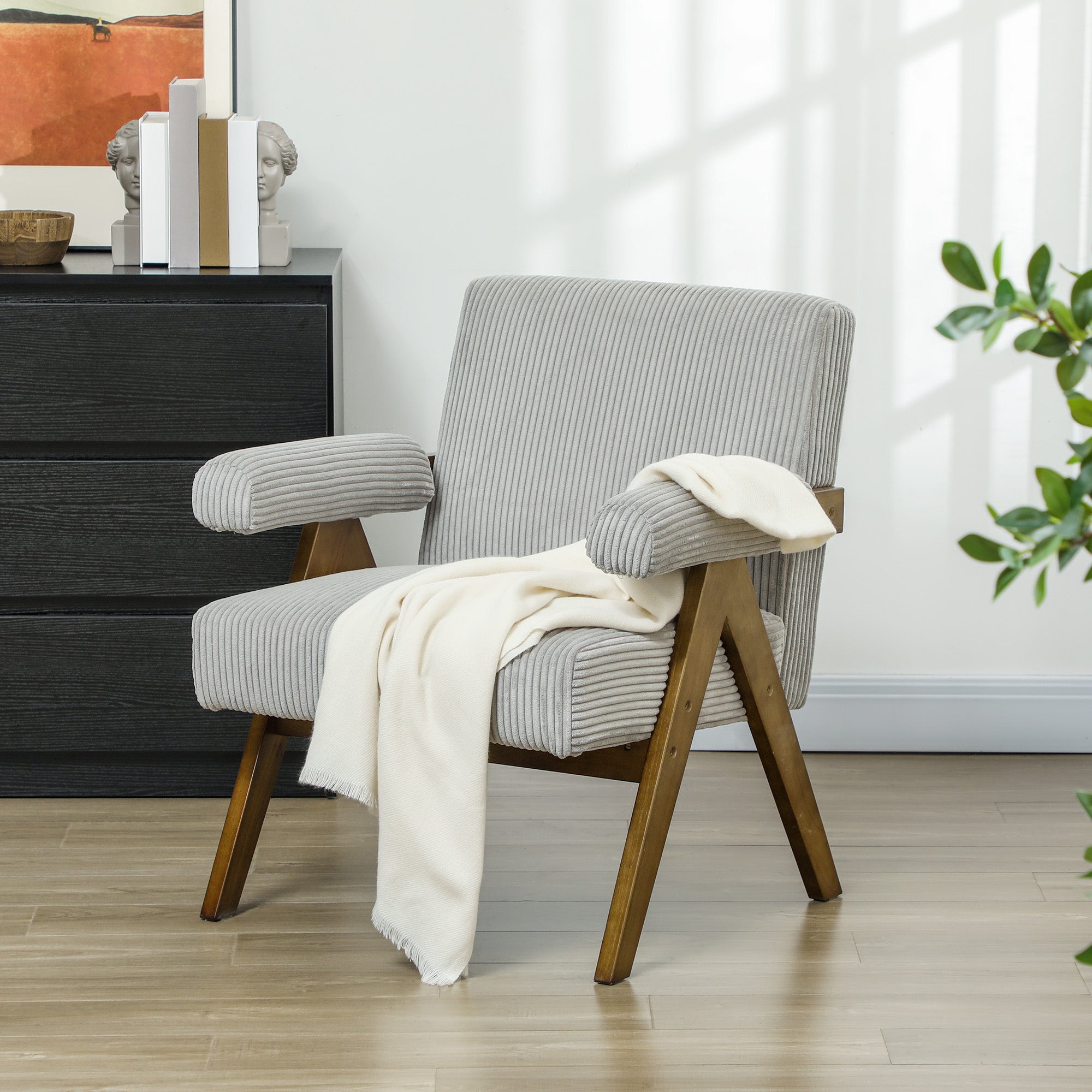 Corduroy Accent Chair Armchair with Wide Seat and Soft Padded Armrests for Reading, Bedroom, Light Grey Accent Chairs Light Grey  at Gallery Canada