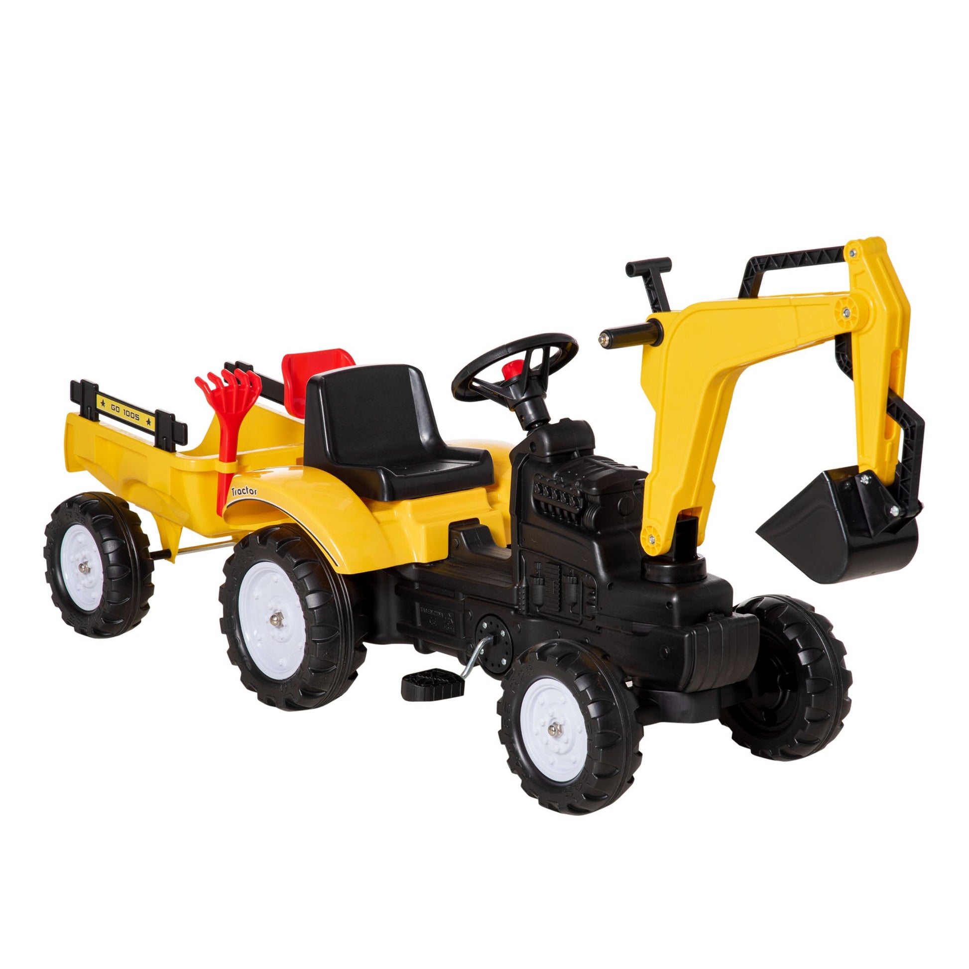 Ride-on Toy Pedal Digger Construction Car with Horn &; Detachable Trailer, Yellow Toy Excavators Yellow  at Gallery Canada