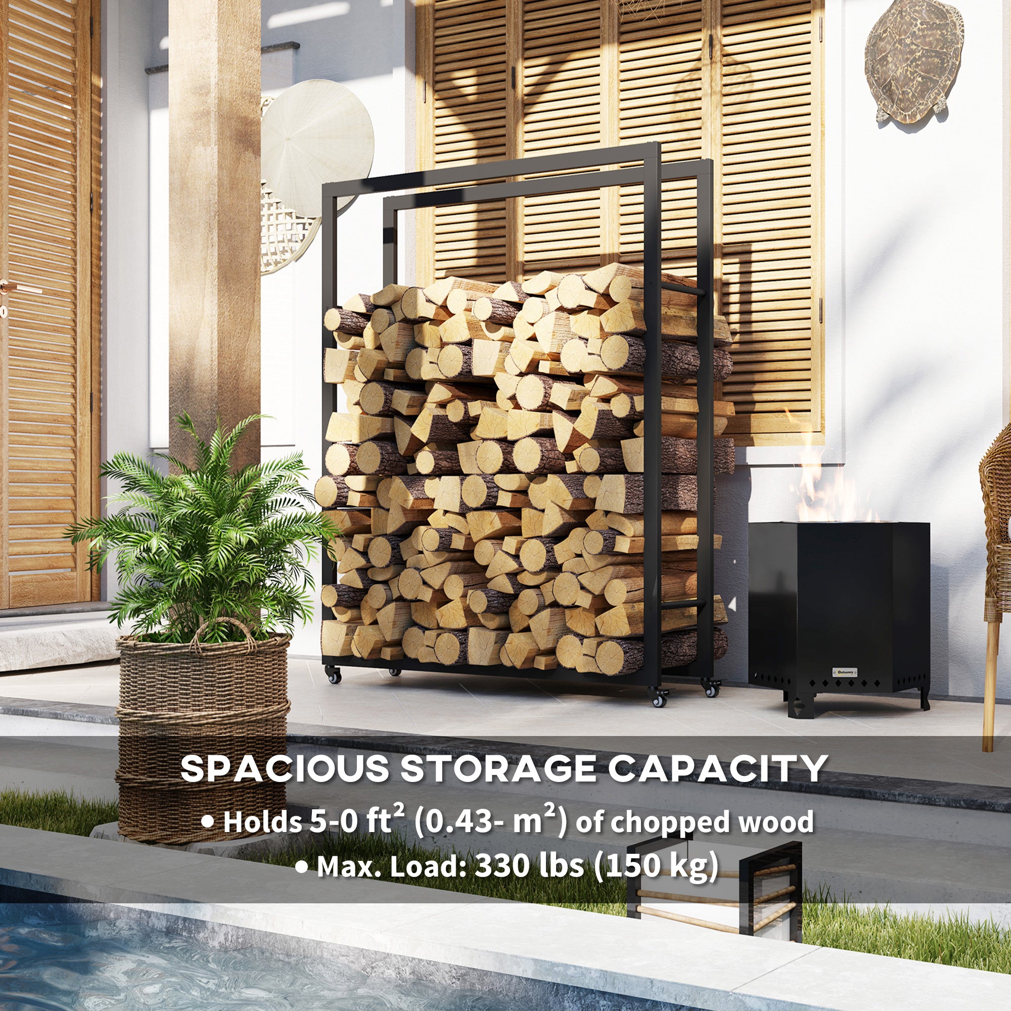 Outdoor Firewood Rack with Wheels Heavy Duty Steel Wood Log Storage Stacker for Fireplace, Black Firewood Racks at Gallery Canada