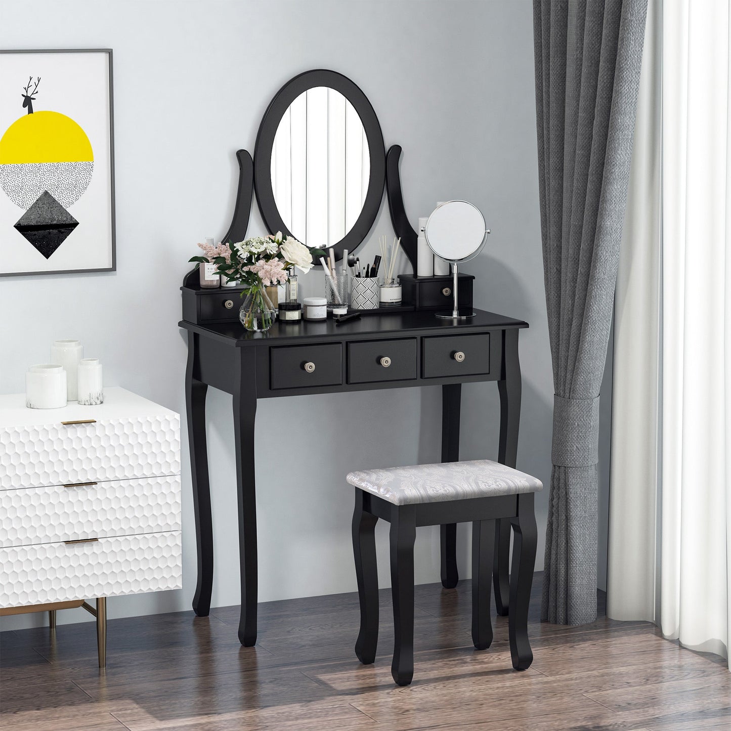 Wooden Vanity Table Set, Makeup Dressing Table with 360° Rotating Oval Mirror, 5 Drawers and Padded Stool for Bedroom, Black Dressing & Vanity Tables   at Gallery Canada