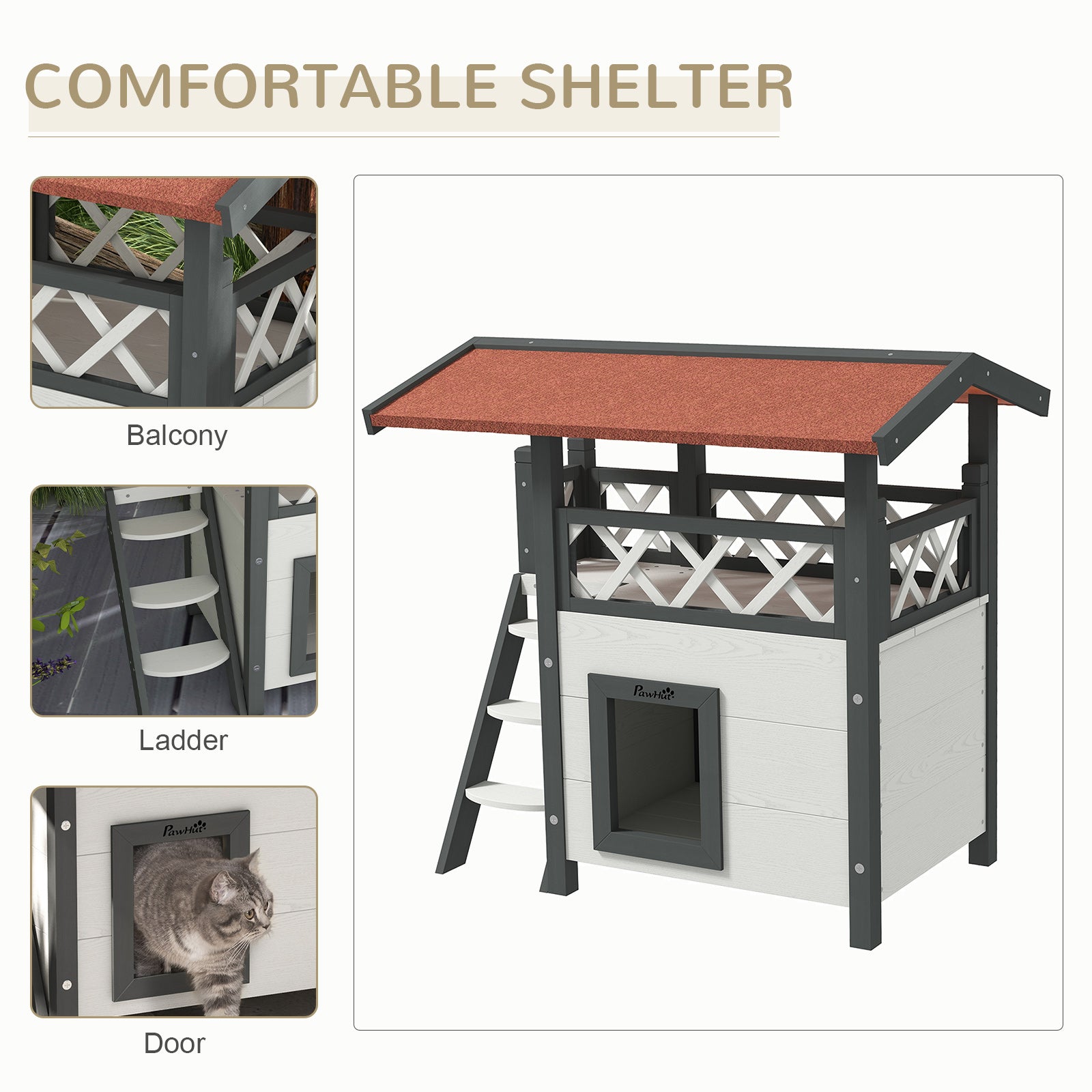 Wooden 2-Story Shelter for Feral Cats with Asphalt Roof, Stairs, Balcony, 30