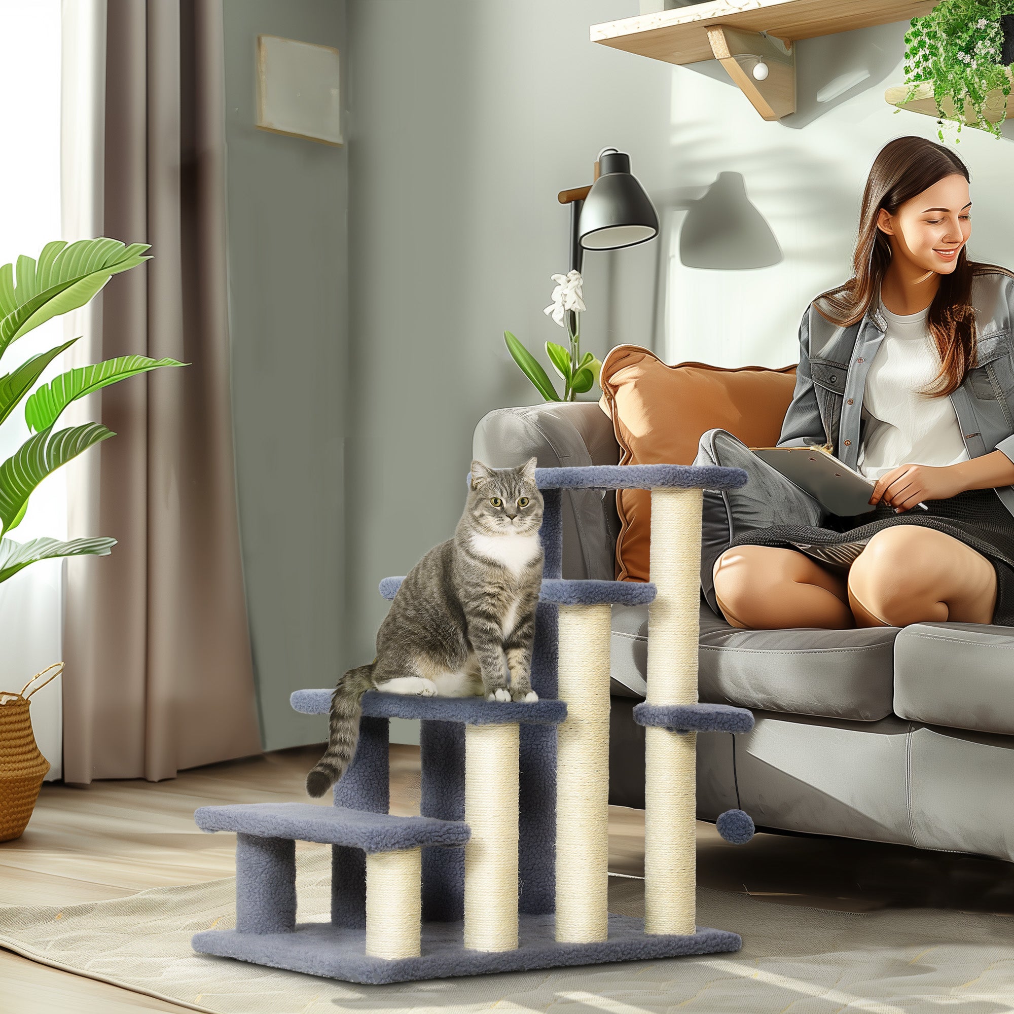 4 Step Cat Tree Stairs with Cat Scratching Post, Jumping Platform, Toy Ball, Grey Cat Stairs Grey  at Gallery Canada