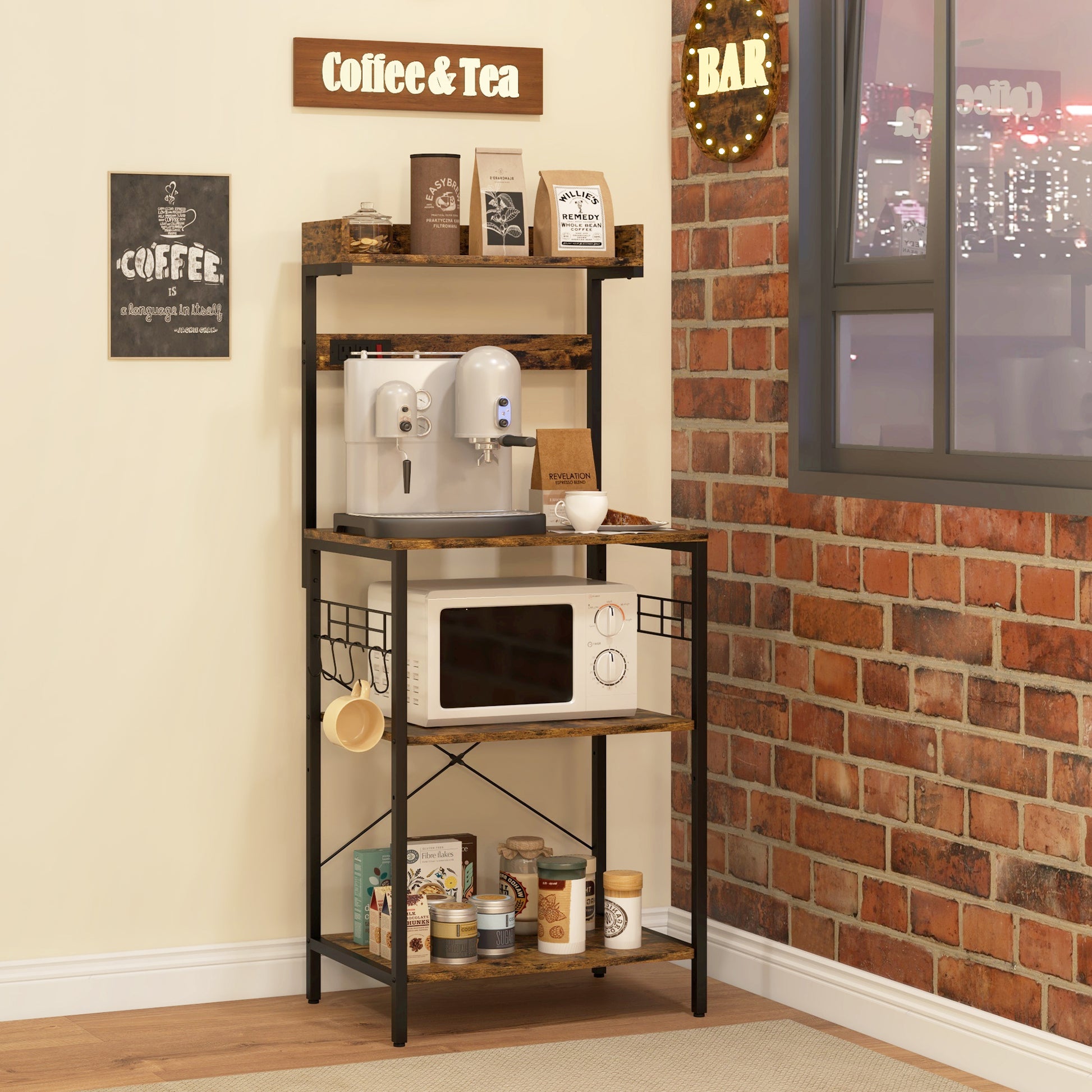 Kitchen Baker's Rack with Power Outlet, Coffee Bar Station with Adjustable Shelves and Hooks, Rustic Brown Bar Cabinets   at Gallery Canada