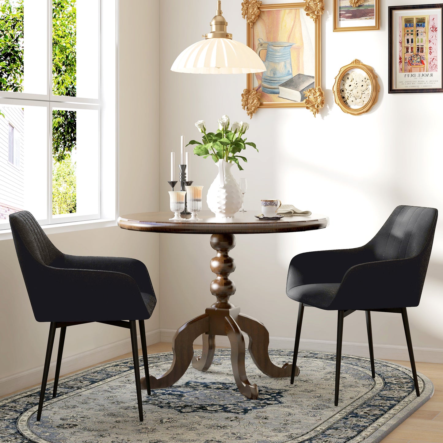 Dining Chairs Set of 2, Upholstered Linen Fabric Accent Chairs with Metal Legs, Black Dining Chairs   at Gallery Canada