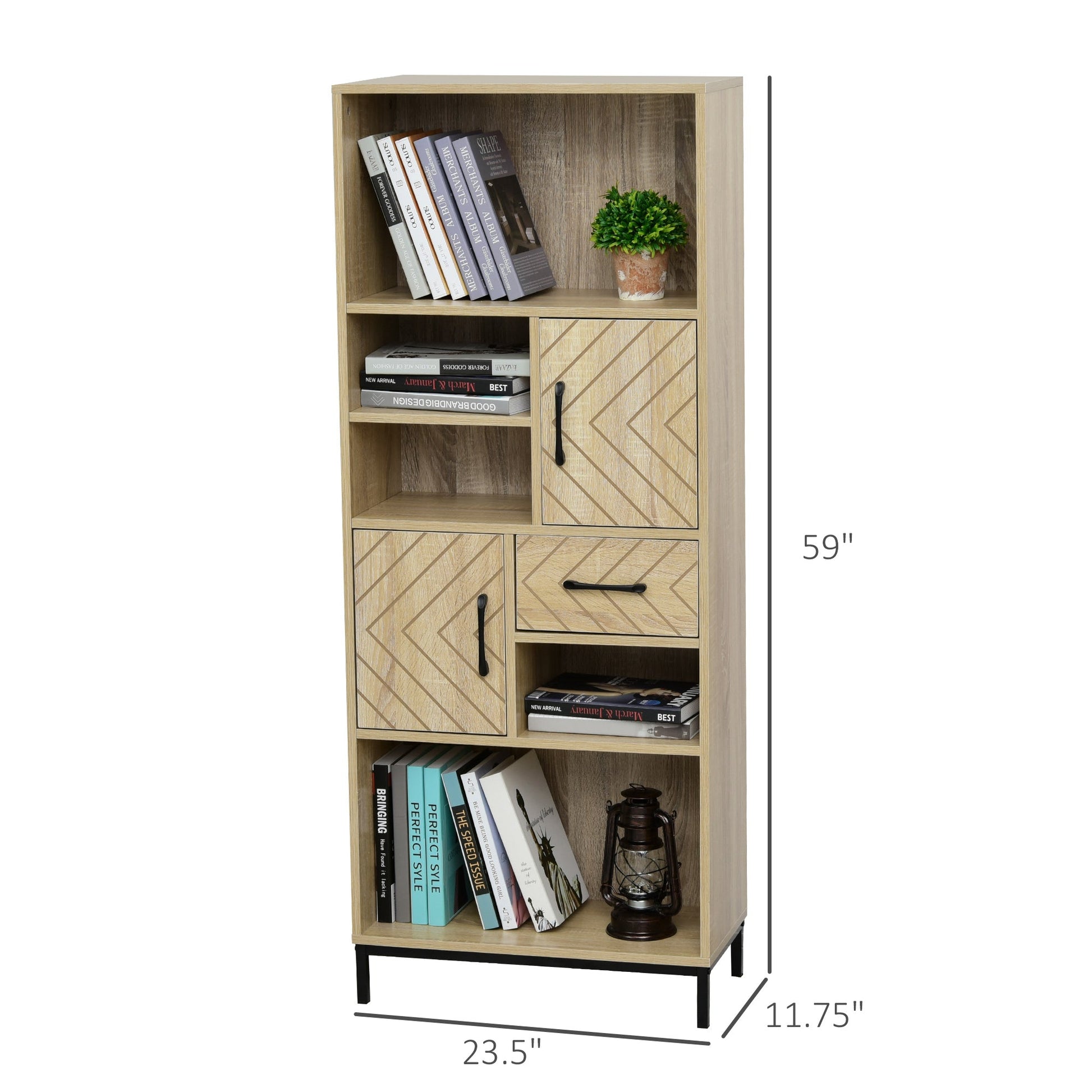 59" Wooden Bookcase With Door Cabinets, Drawer, Open Compartments, Freestanding Display Shelf, Organizer for Home and Office Bookcases With Doors   at Gallery Canada