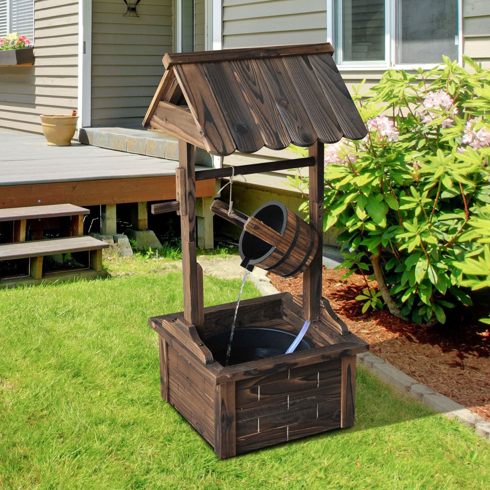 Outdoor Wooden Waterfall Wishing Well Fountain with Electric Pump, Water Bucket, for Patio, Garden, Carbonized Water Fountains at Gallery Canada