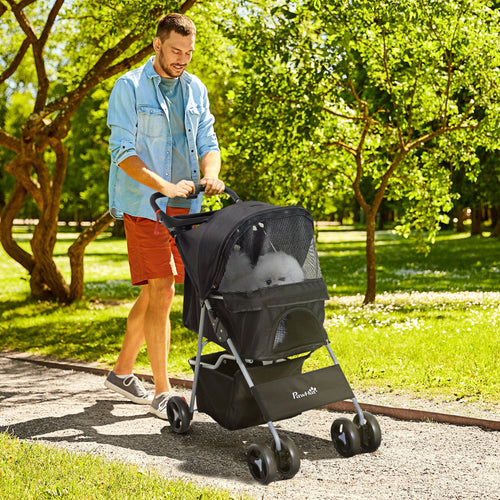 Dog Stroller, Foldable Pet Stroller for XS and Small Dogs and Cats, 4 Wheels Travel Carrier with Cup Holder, Storage Basket, 360° Wwiveling Front Wheels, Black