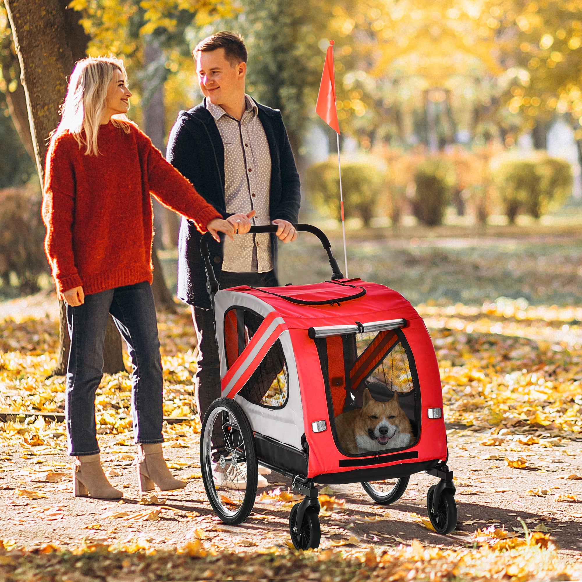 Dog Bike Trailer, 2-in-1 Dog Wagon Pet Stroller for Travel with Universal Wheel Reflectors Flag, for Small and Medium Dogs, Red Dog Bike Trailers & Strollers at Gallery Canada