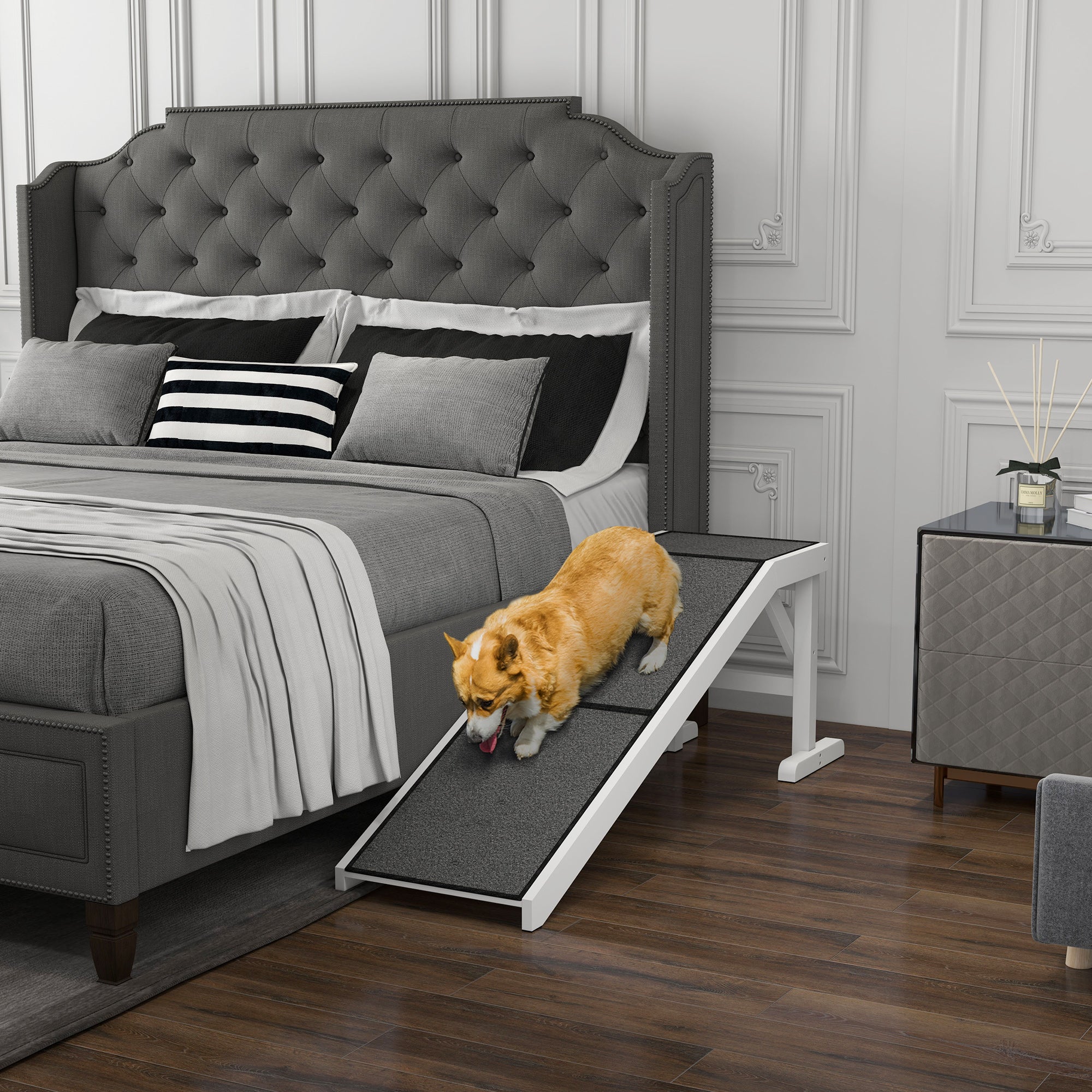 Pet Ramp Bed Steps for Dogs Cats Non-slip Carpet Top Platform Pine Wood 59