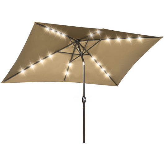 6.5x10ft Patio Umbrella Rectangle Solar Powered Tilt Aluminum Outdoor Market Parasol with LEDs Crank (Light Coffee) - Gallery Canada