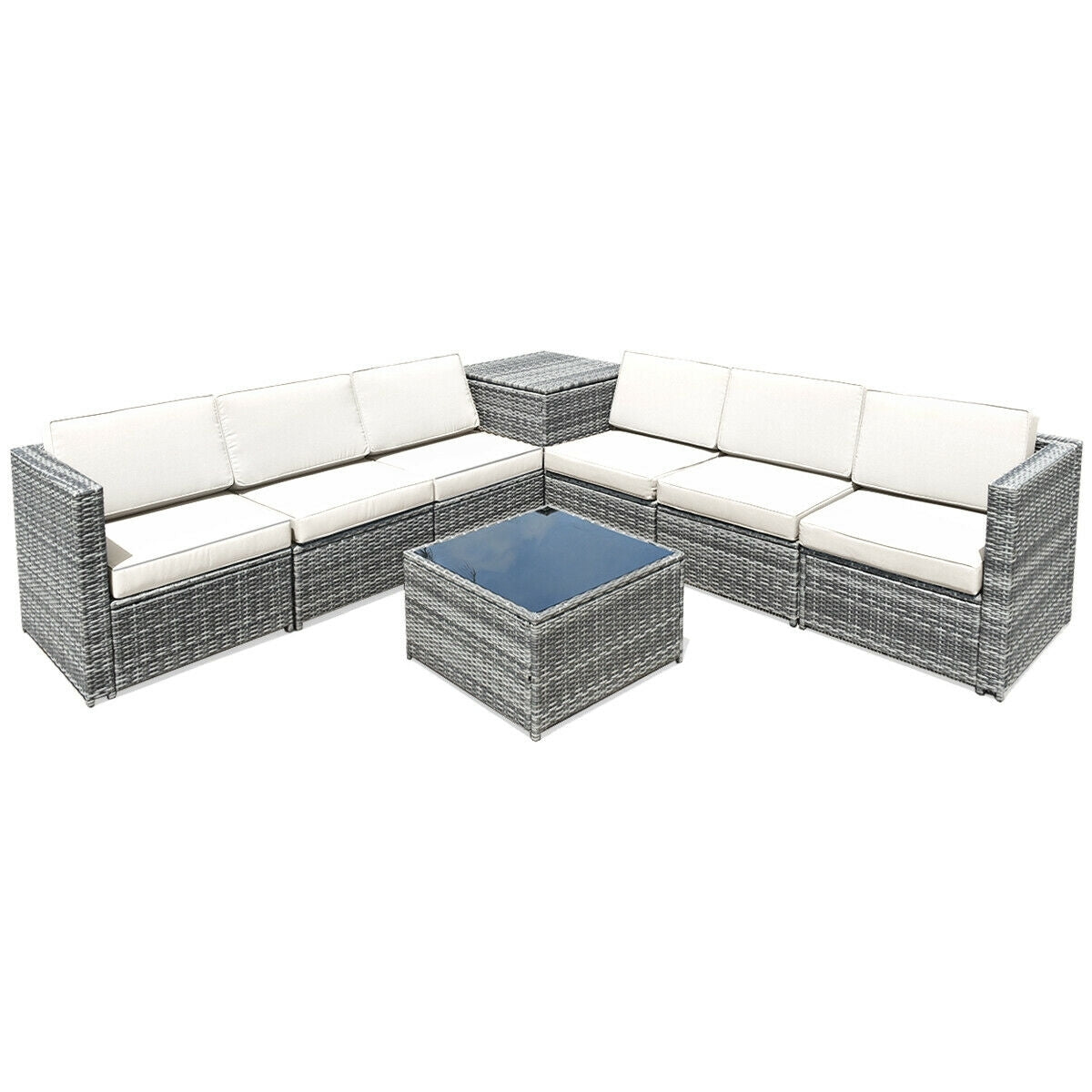 8 Piece Wicker Sofa Rattan Dinning Set Patio Furniture with Storage Table, White Outdoor Sectionals White  at Gallery Canada