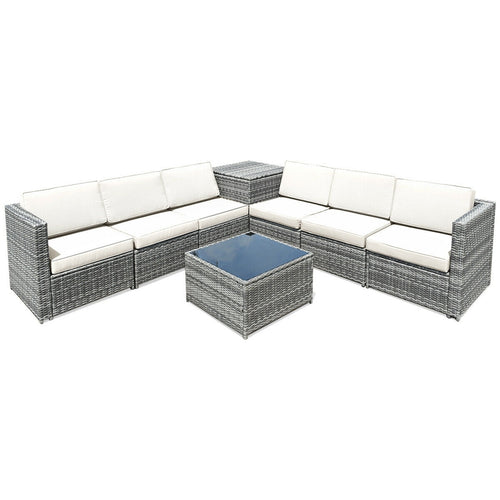 8 Piece Wicker Sofa Rattan Dinning Set Patio Furniture with Storage Table, White