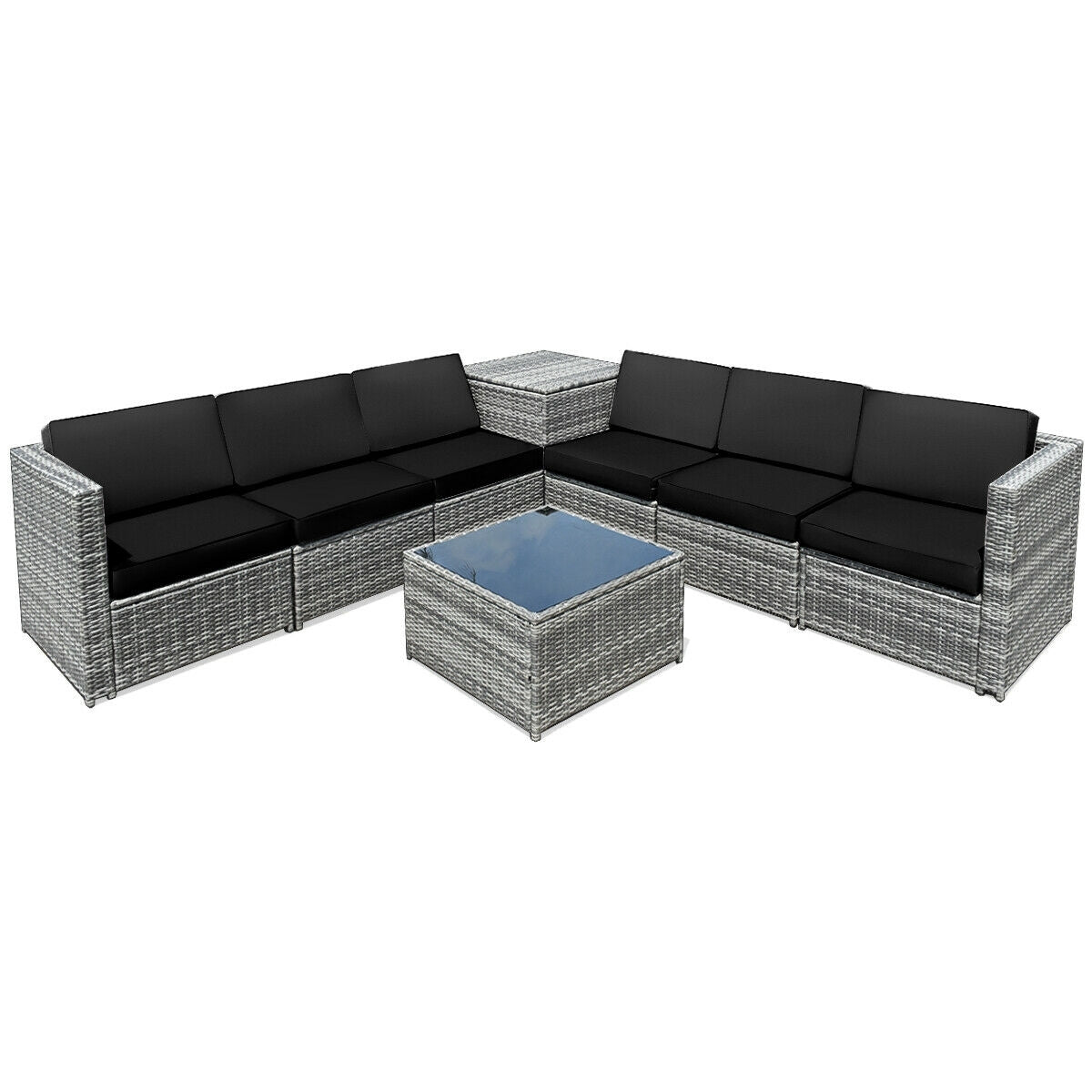 8 Piece Wicker Sofa Rattan Dinning Set Patio Furniture with Storage Table, Black Outdoor Sectionals Black  at Gallery Canada