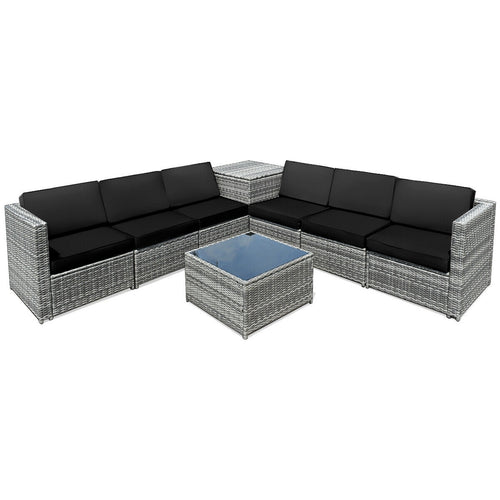 8 Piece Wicker Sofa Rattan Dinning Set Patio Furniture with Storage Table, Black