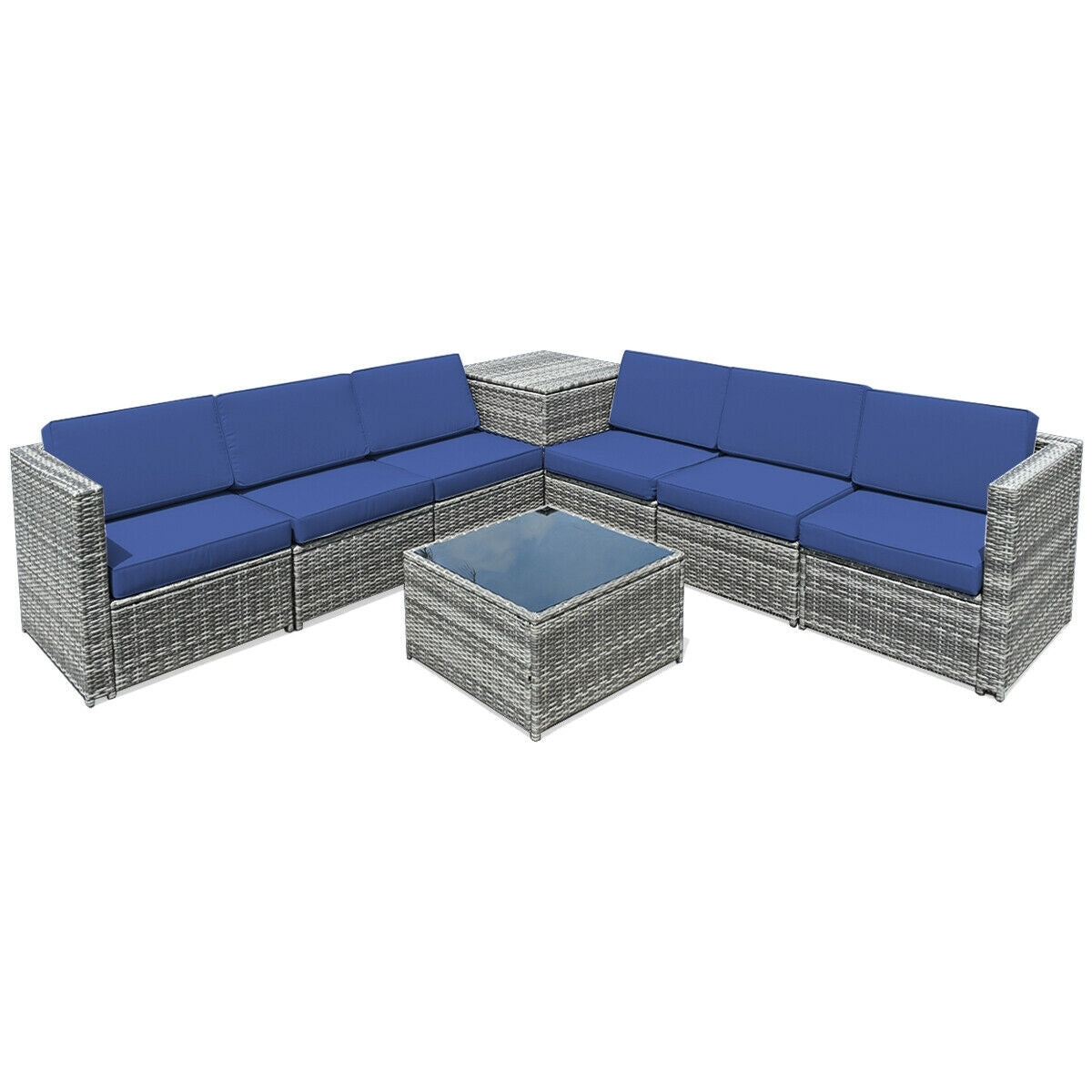 8 Piece Wicker Sofa Rattan Dinning Set Patio Furniture with Storage Table, Navy Outdoor Sectionals Navy  at Gallery Canada