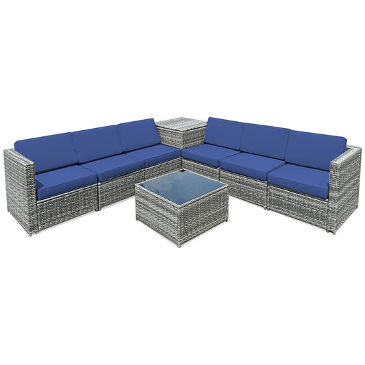 8 Piece Wicker Sofa Rattan Dinning Set Patio Furniture with Storage Table, Navy Outdoor Sectionals Navy  at Gallery Canada