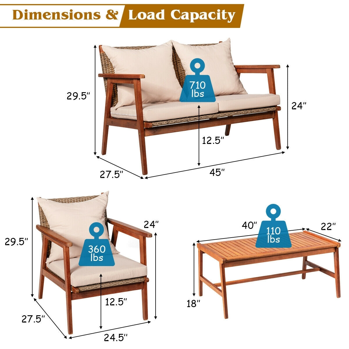 4 Pieces Acacia Wood Patio Rattan Furniture Set, Brown Patio Conversation Sets   at Gallery Canada