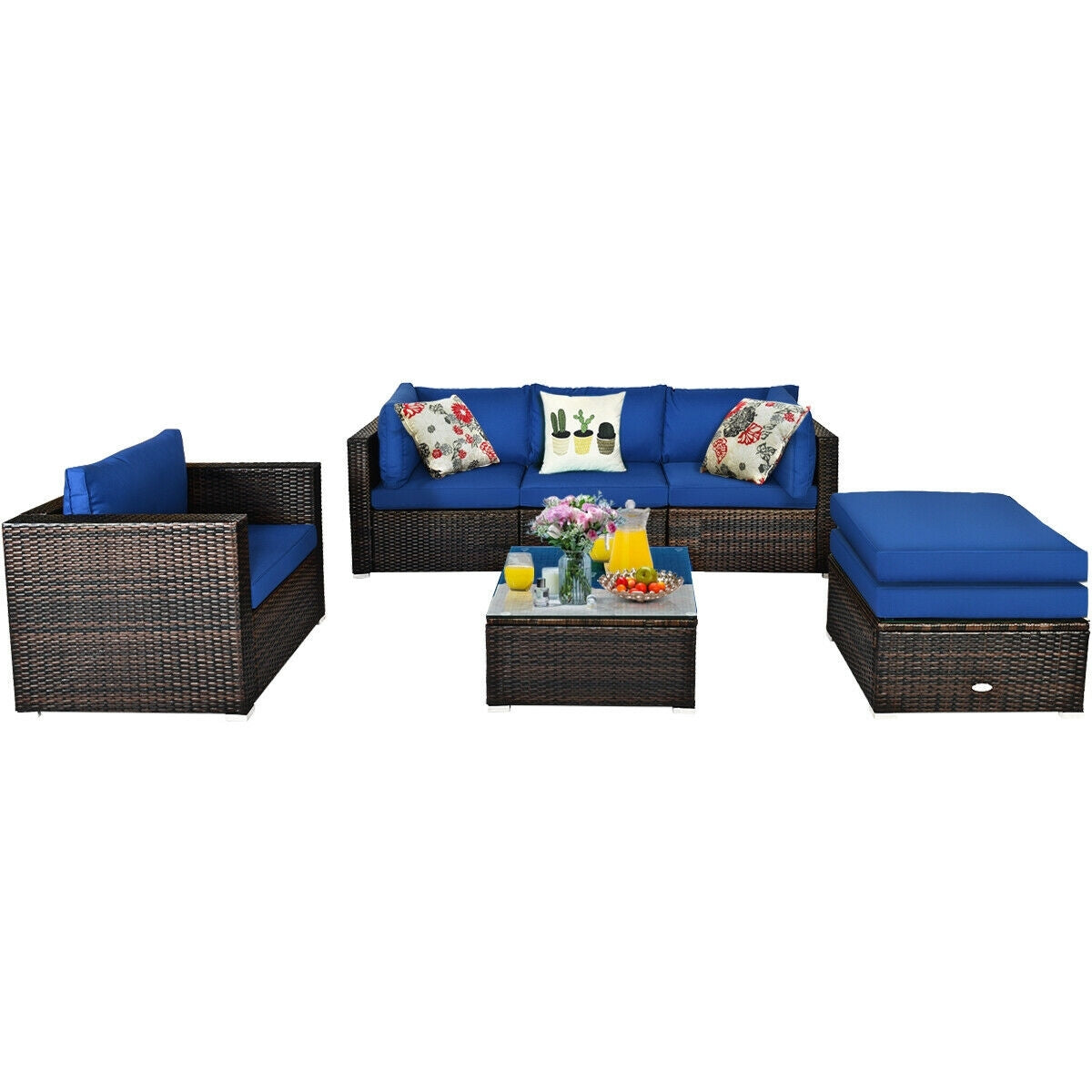 6 Pieces Patio Rattan Furniture Set with Sectional Cushion, Blue Outdoor Sectionals   at Gallery Canada