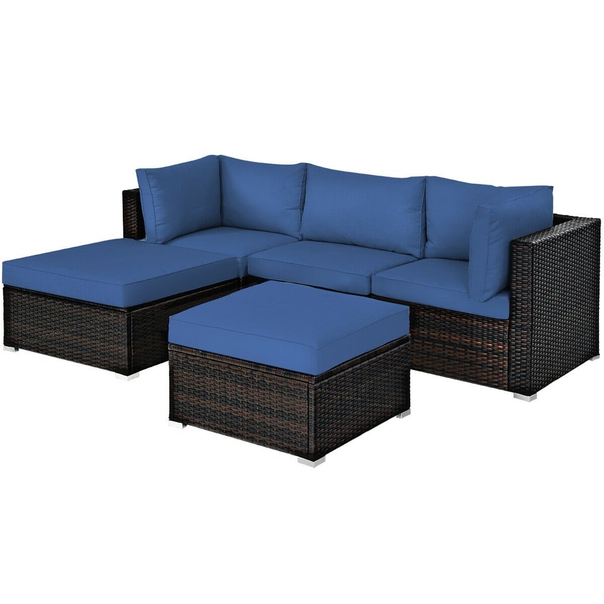 5 Pieces Patio Rattan Sofa Set with Cushion and Ottoman, Navy Outdoor Sectionals   at Gallery Canada