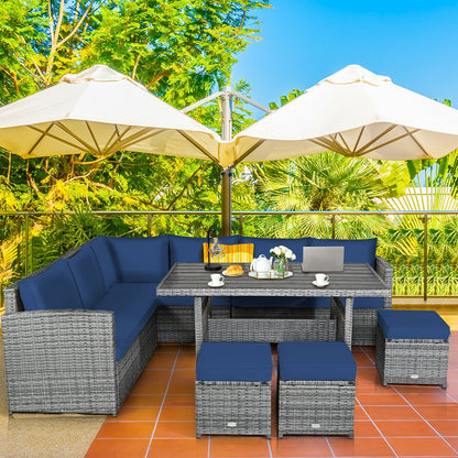 7 Pieces Patio Rattan Dining Furniture Sectional Sofa Set with Wicker Ottoman, Navy Outdoor Sectionals   at Gallery Canada