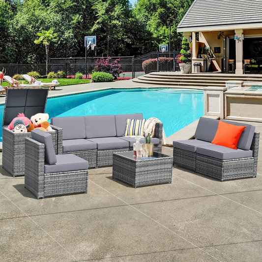 8 Pieces Wicker Sofa Rattan Dining Set Patio Furniture with Storage Table, Gray Outdoor Sectionals Gray  at Gallery Canada