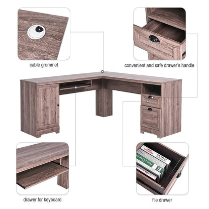 66 Inch L-Shaped Writing Study Workstation Computer Desk with Drawers, Brown L-Shaped Desks   at Gallery Canada