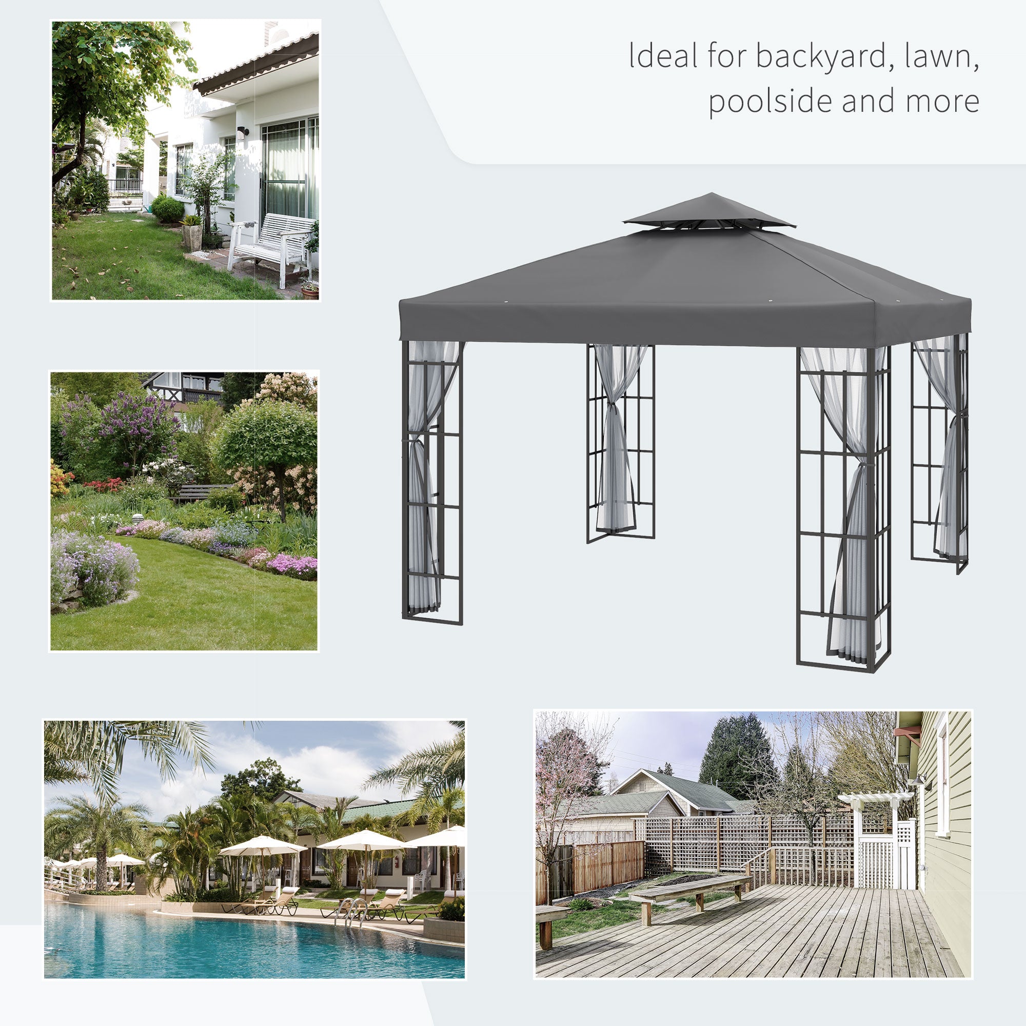 10'x10' Garden Gazebo Patio Canopy Portable Party Event Backyard w/ Mosquito Netting Grey Gazebos at Gallery Canada