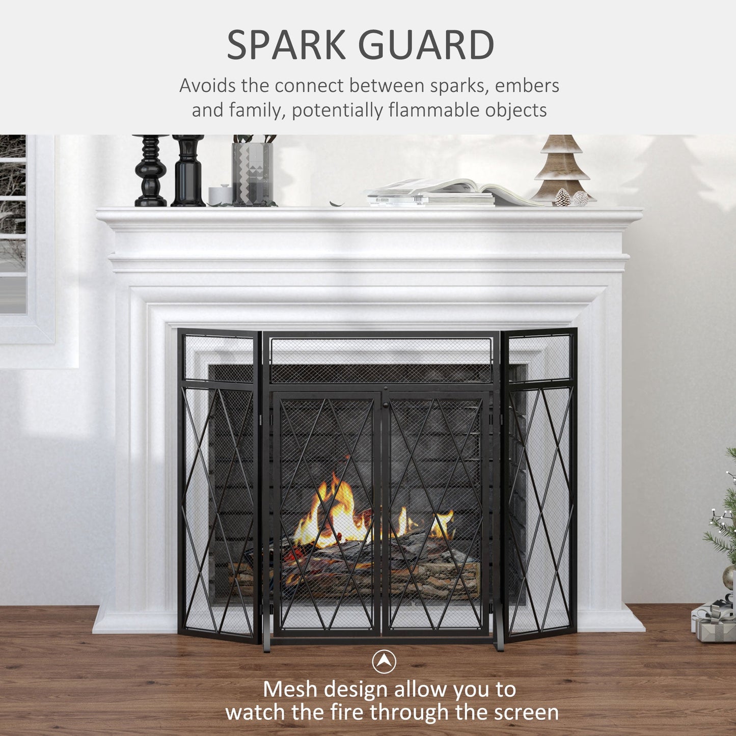 47x31in 3-Panel Fireplace Screen with Double Doors, Steel Mesh Fire Spark Guard Cover for Living Room Indoor Decor, Black Fireplace Screens   at Gallery Canada