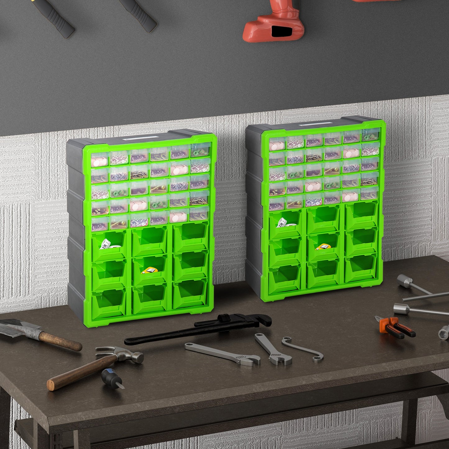 Plastic 39 Drawer Parts Organiser Wall Mount Storage Cabinet for Small Nuts Bolts Tool Set of 2 Green Tool Organizers Green  at Gallery Canada