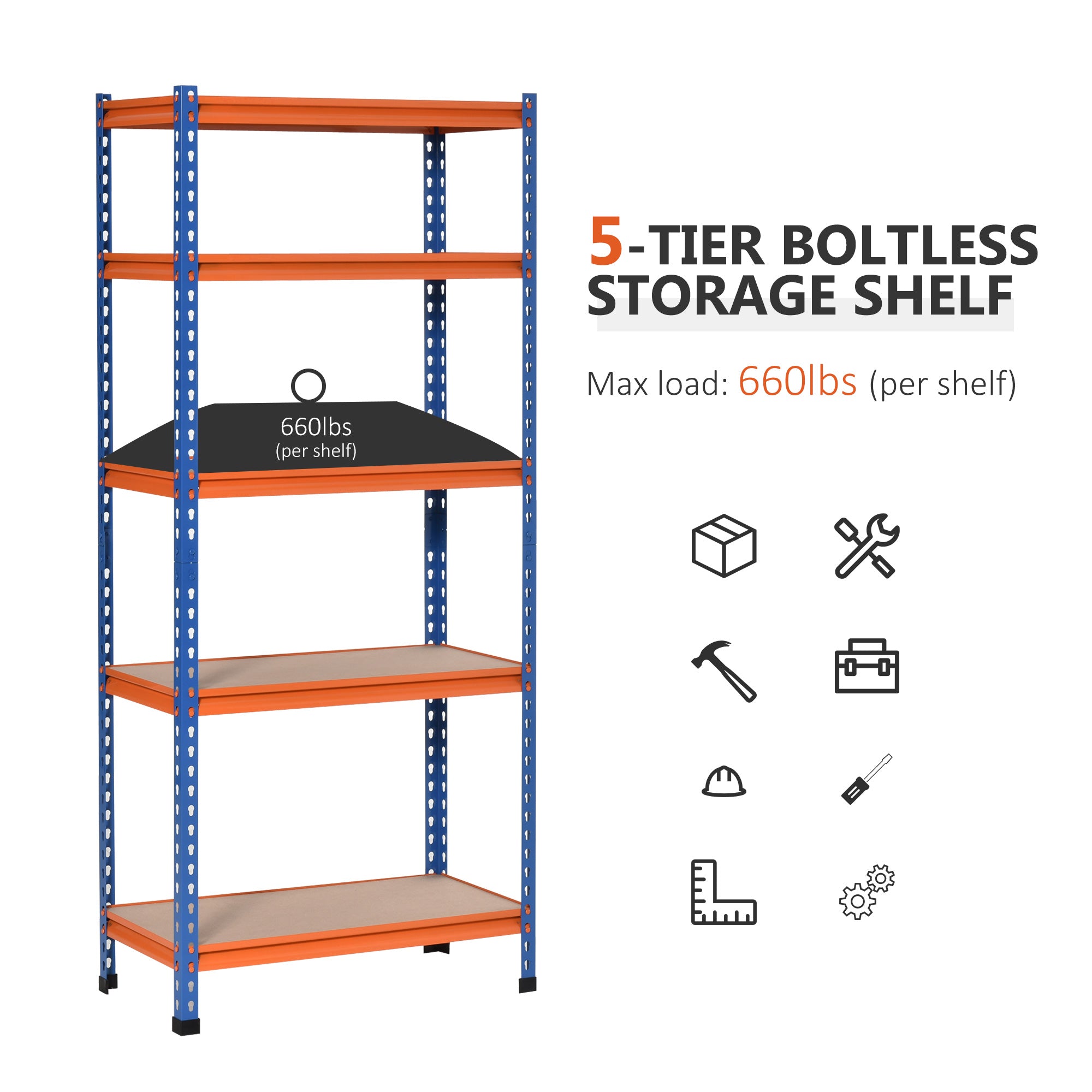 5-Tier Heavy Duty Garage Shelf, Metal Shelving Unit with Adjustable Shelves, Metal Frame, 31.5