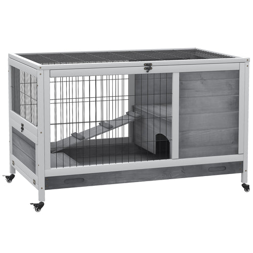 Wooden Indoor Rabbit Hutch Elevated Bunny Cage Habitat with Enclosed Run with Wheels, Suitable for Rabbits and Guinea Pigs, Grey