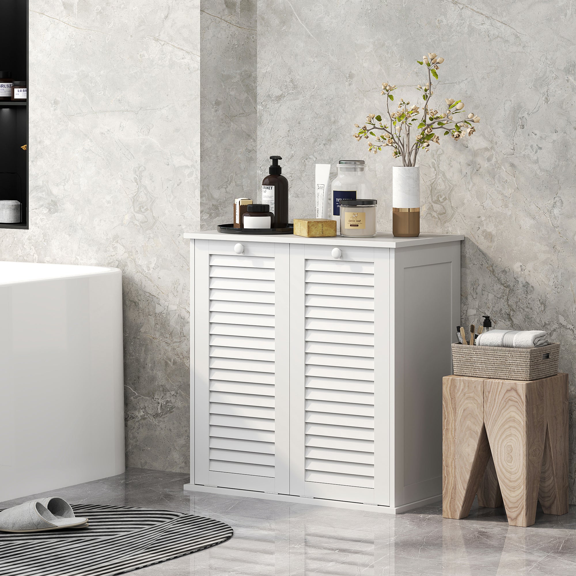 Tilt Out Laundry Cabinet, Laundry Basket Cabinet with 2 Baskets and 2 Louvered Doors, White Bathroom Cabinets at Gallery Canada