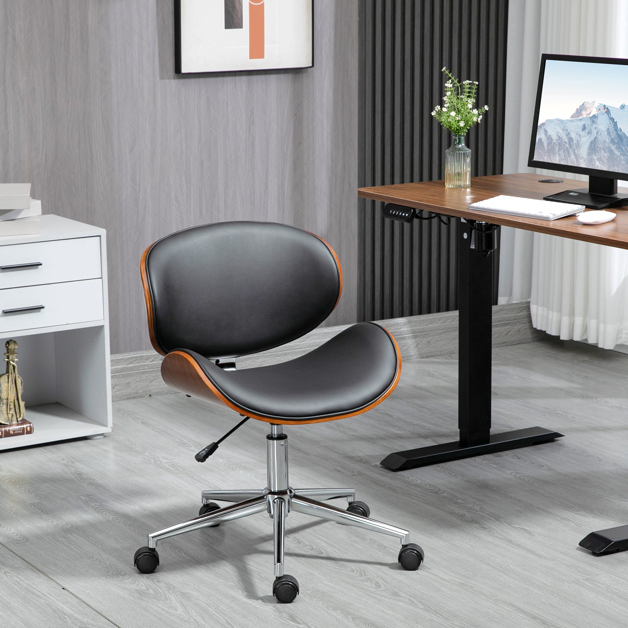 Home Office Chair, Faux Leather and Bentwood Computer Desk Chair with 360 Degree Swivel Wheels, Adjustable Height and Curved Seat, Black Task Chairs at Gallery Canada
