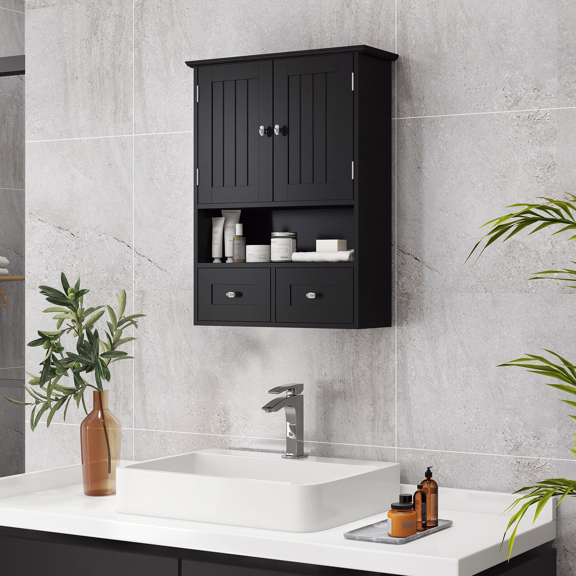 Medicine Cabinet, Bathroom Wall Cabinet with Shelf and Drawers for Hallway, Living Room, Black Wall Mounted Cabinets at Gallery Canada