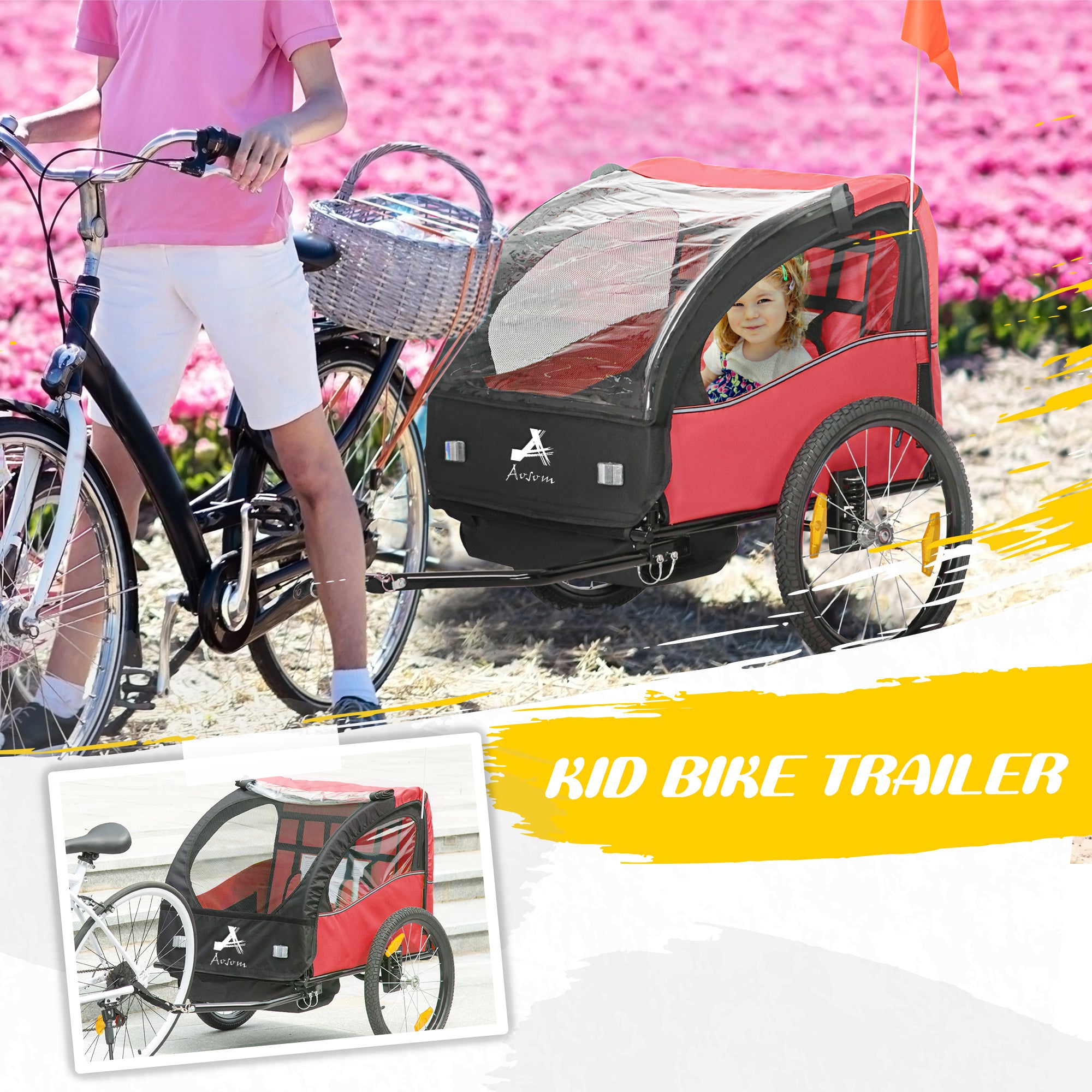 2 Seat Bike Trailer for Kids, Baby Stroller with Storage Bag, 5 Point Harness, Bicycle Trailer with 20