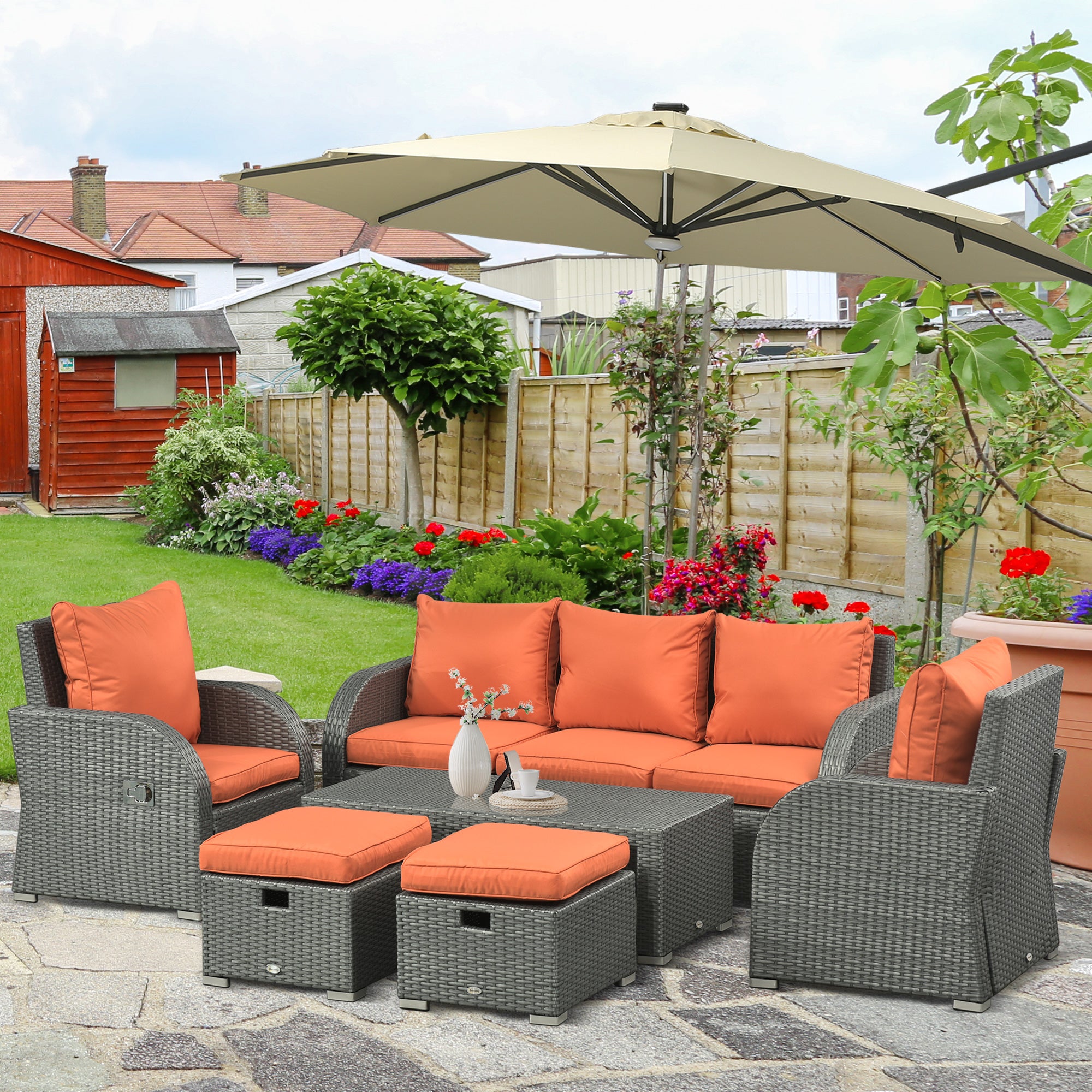 Patio Furniture with Cushions, 6 Pieces PE Wicker Patio Sectional Furniture Conversation Set w/ a Three-Seat Sofa, 2 Recliner Chairs, 2 Footstools &; Table, Orange Patio Furniture Sets at Gallery Canada