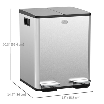 Dual Garbage Bin, Soft-Close Trash Can with Foot Pedal, 2 x 20 Liter Garbage Can with Removable Inner Buckets, Silver Household Supplies at Gallery Canada