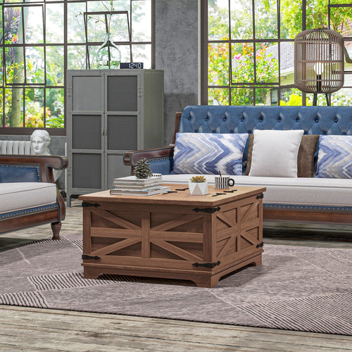 Farmhouse Coffee Table, Square Center Table with Flip-top Lids, Hidden Storage Compartment, Brown