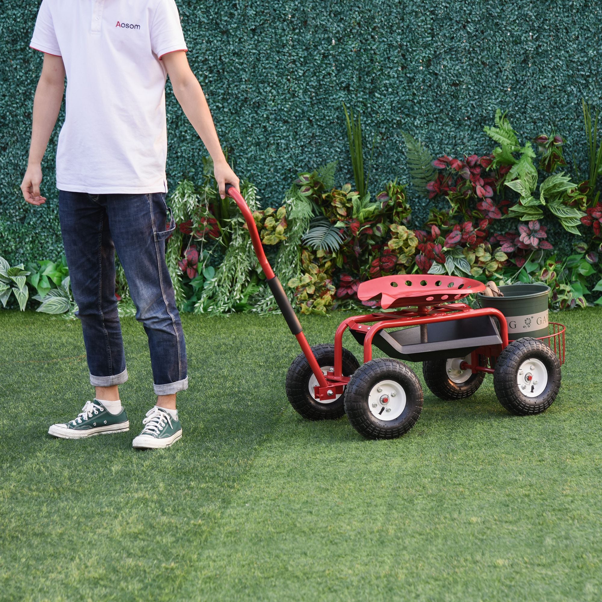 Garden Scooter, Rolling Cart with Swivel and Adjustable Seat, Tool Tray, Bucket Basket, Red and Black Folding Garden Carts at Gallery Canada