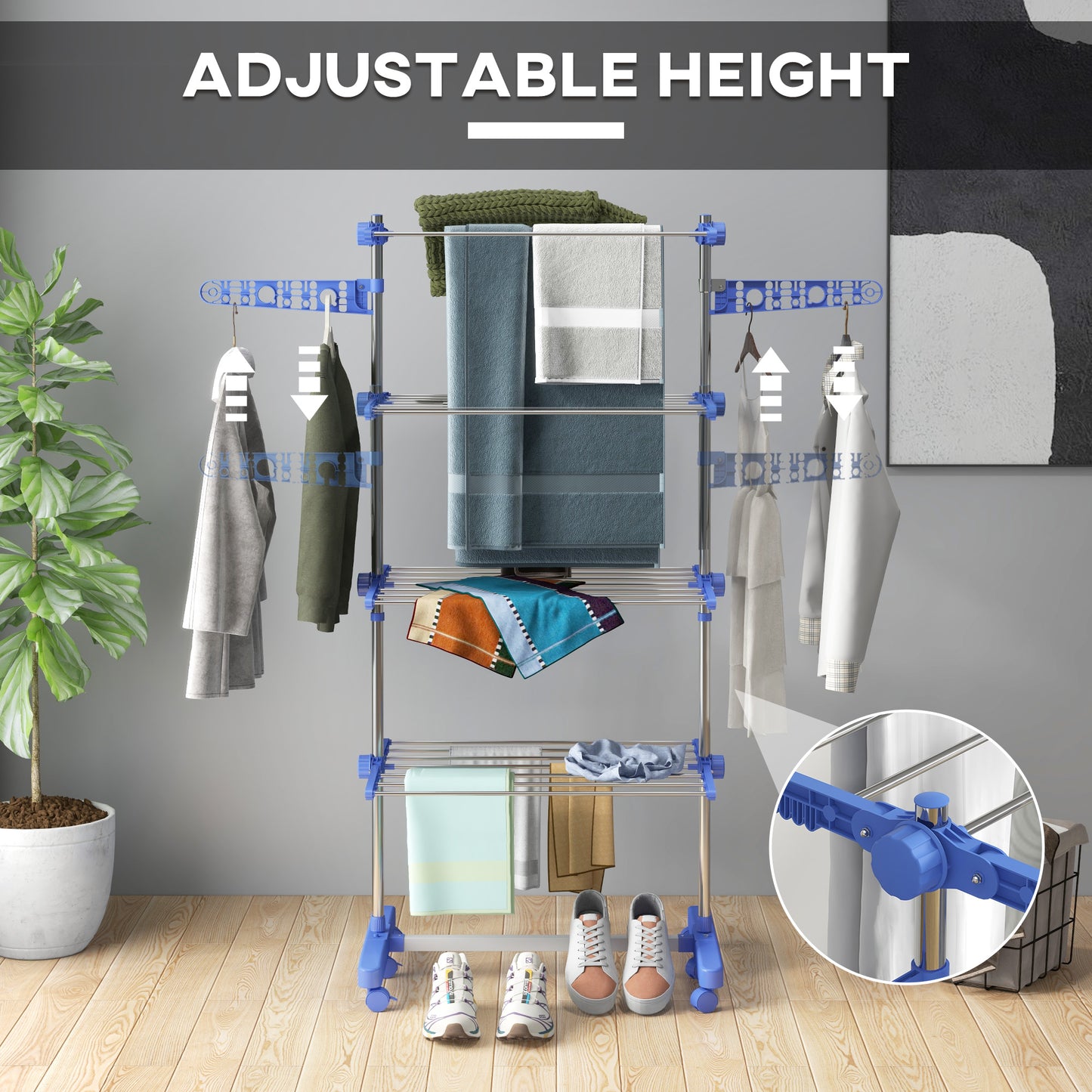 Garment Drying Rack Stainless Steel Folding Clothes Hanging Rack with Side Wings Castors for Indoor Outdoor Blue Bath Accessories   at Gallery Canada