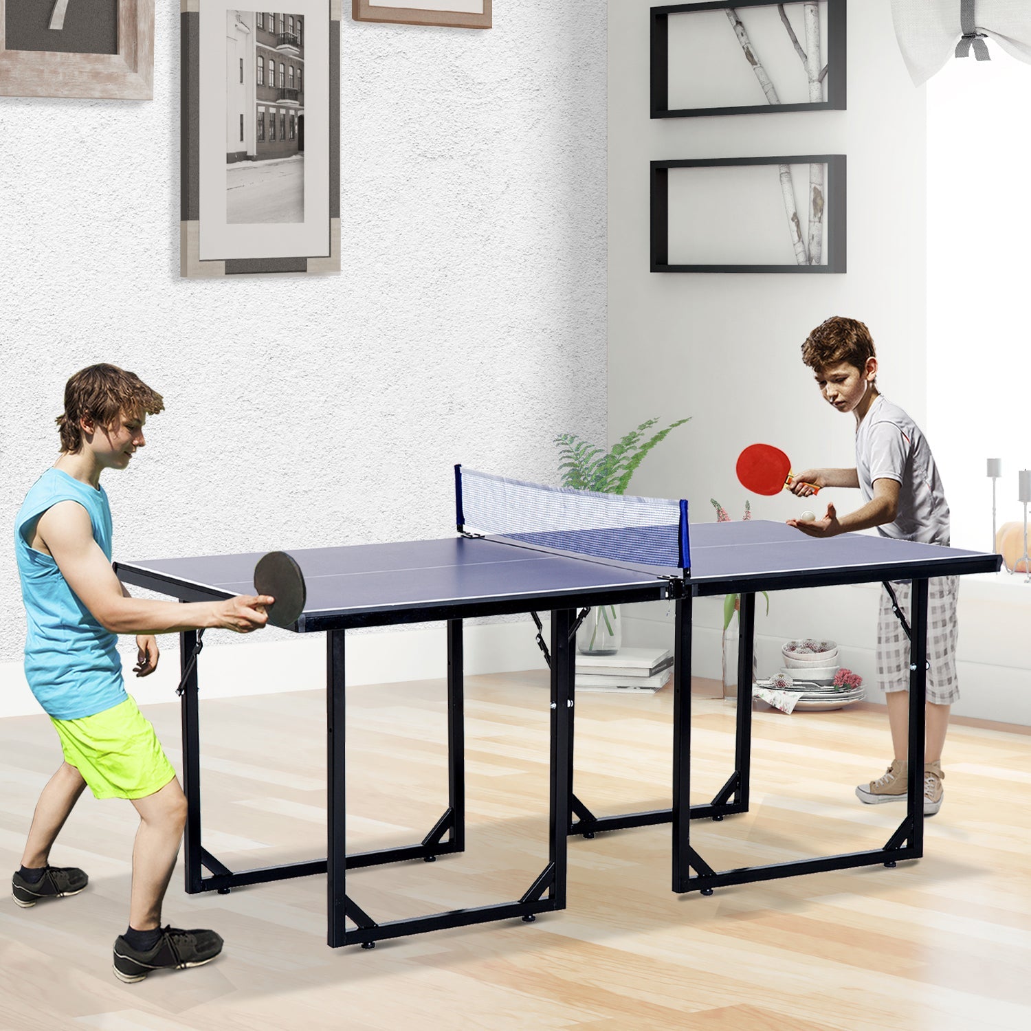 6x3ft Compact Midsize Table Tennis Table Multi-Use Family Ping-pong Table Free Standing Folding Blue Game Tables   at Gallery Canada