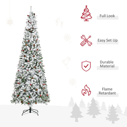 9-foot Pencil Snow Flocked Artificial Christmas Tree with 1350 Pine Realistic Branches, Pine Cones, Red Berries, Auto Open, Green Pencil Christmas Trees   at Gallery Canada