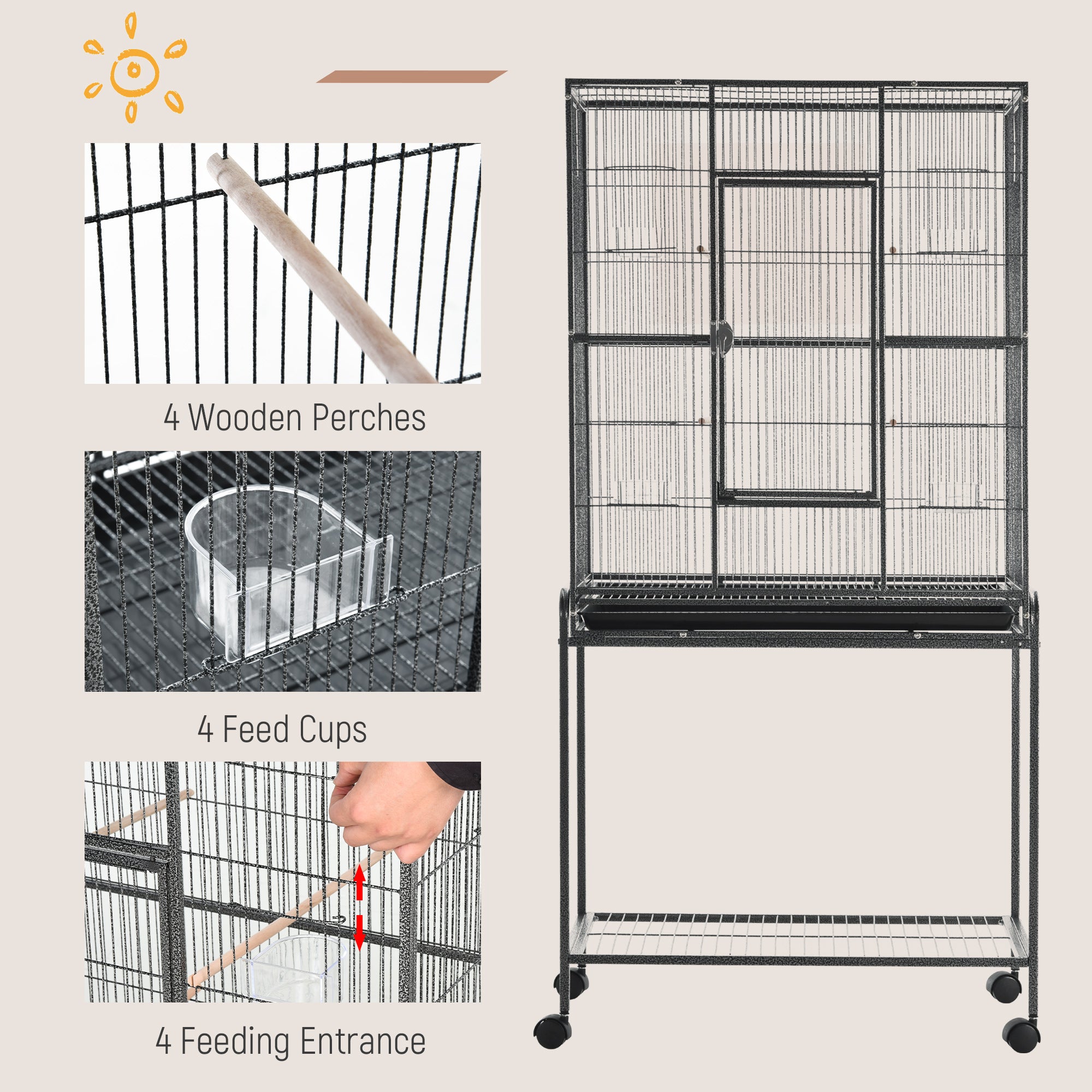 30'' Large Rolling Metal Bird Cage Bird House with Detachable Rolling Stand, Storage Shelf, Wood Perch Food Container - Black Bird Cages at Gallery Canada