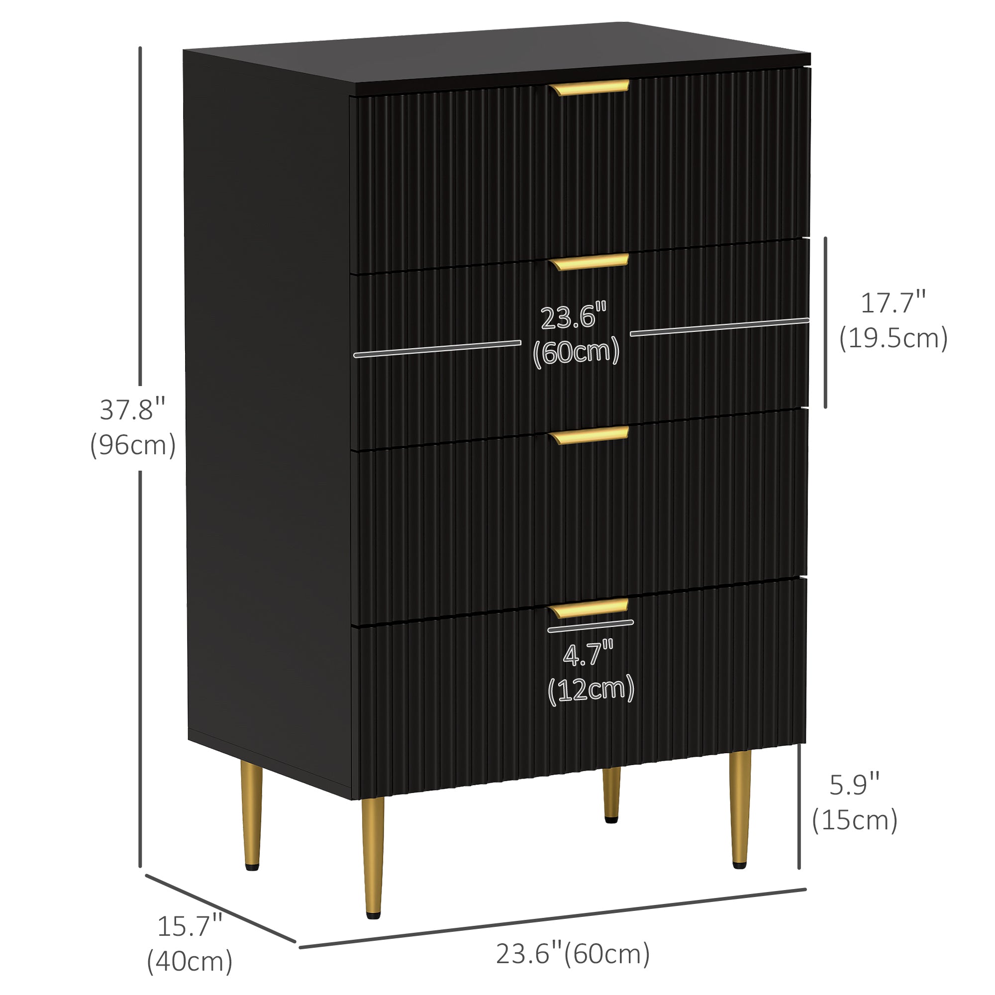 Modern Chest of Drawers 4 Drawer Dresser for Bedroom with Gold Legs and Handles, Black Storage Cabinets at Gallery Canada